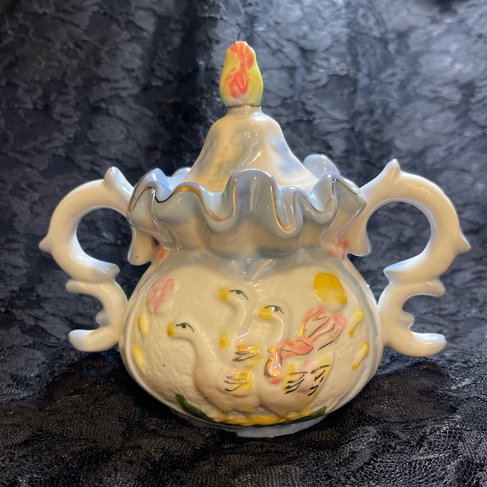 Vintage Dressed Up Geese Ceramic Floral  Sugar Bowl